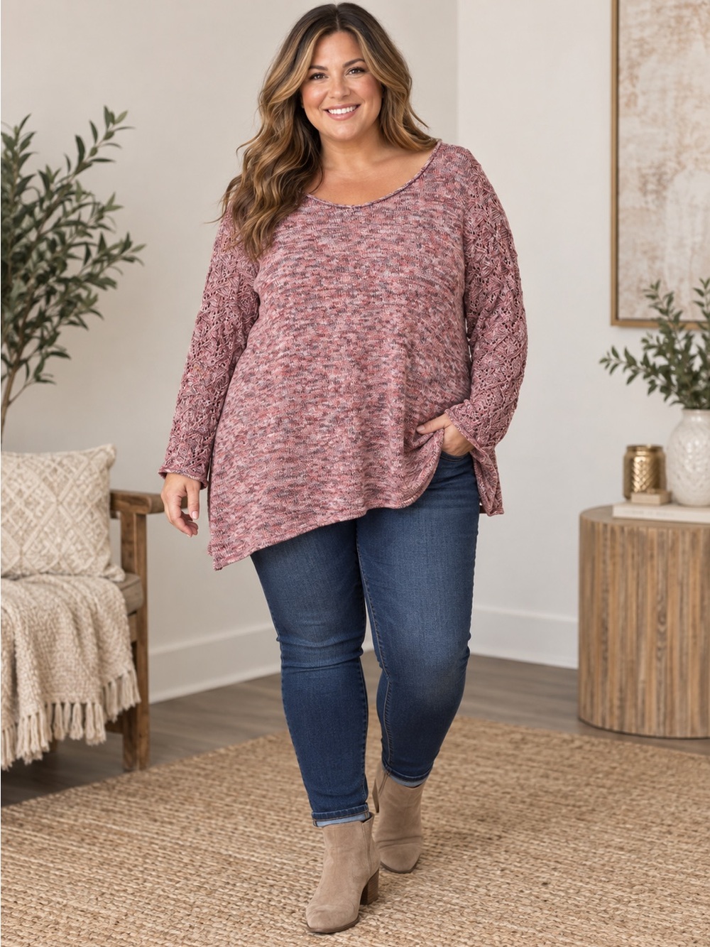 Women’s Plus3X Pink Marled Knit Tunic Sweater Openwork Lace Sleeves Boho cozy